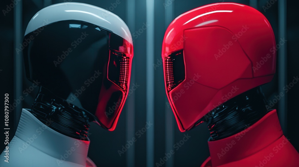 Fototapeta premium AI, Cybersecurity Breach. Two futuristic, humanoid robots face each other, one black and one red, illuminated by ambient light, suggesting a tense or competitive interaction.