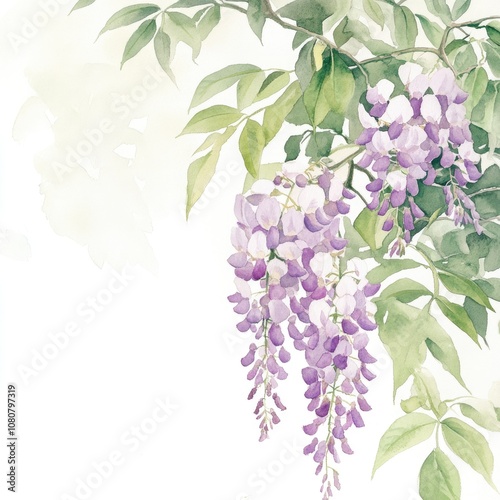 Botanical Watercolor Illustration of Blooming Wisteria Flowers in Japanese Garden