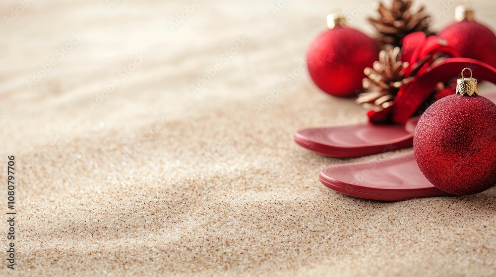 Christmas tropical casual concept, A festive scene featuring red holiday ornaments and decorative items set against a sandy background, evoking a unique coastal Christmas vibe. Christmas tropical casual concept, A festive scene featuring red holiday ornaments and decorative items set against a sandy background, evoking a unique coastal Christmas vibe.