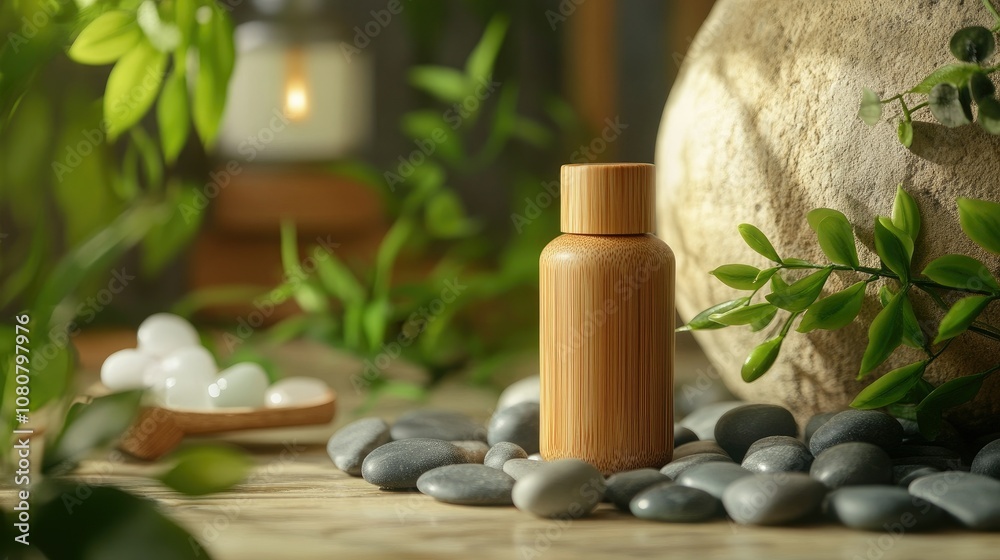 Bamboo air freshener bottle in a spa-like setting, with pebbles, greenery, and soft light Bamboo air freshener bottle in a spa-like setting, with pebbles, greenery, and soft light