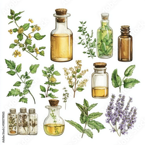 Hand Drawn Herbal Collection Watercolor Illustration. Medicinal Plants for Natural Homeopathy Treatment