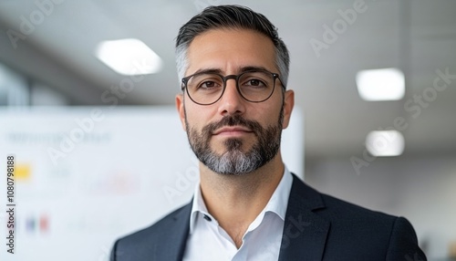 Professional man in a suit stands confidently in a modern office setting