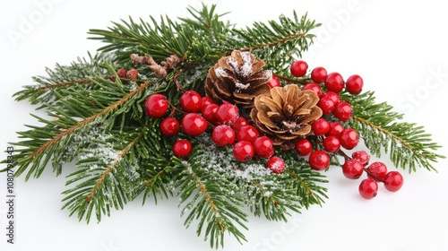 Evergreen Sprigs with Red Berries, Pine Cones, and Snow