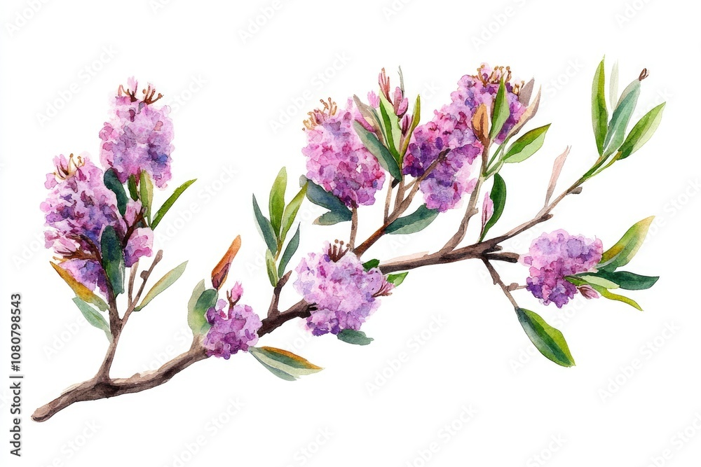 Hand Illustrated Bog Myrtle Branch with Watercolor Bloom on White Background Hand Illustrated Bog Myrtle Branch with Watercolor Bloom on White Background