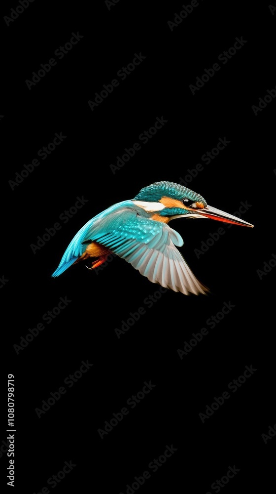 Obraz premium A stunning kingfisher gracefully soars through the air, captured in dynamic flight against a striking black backdrop