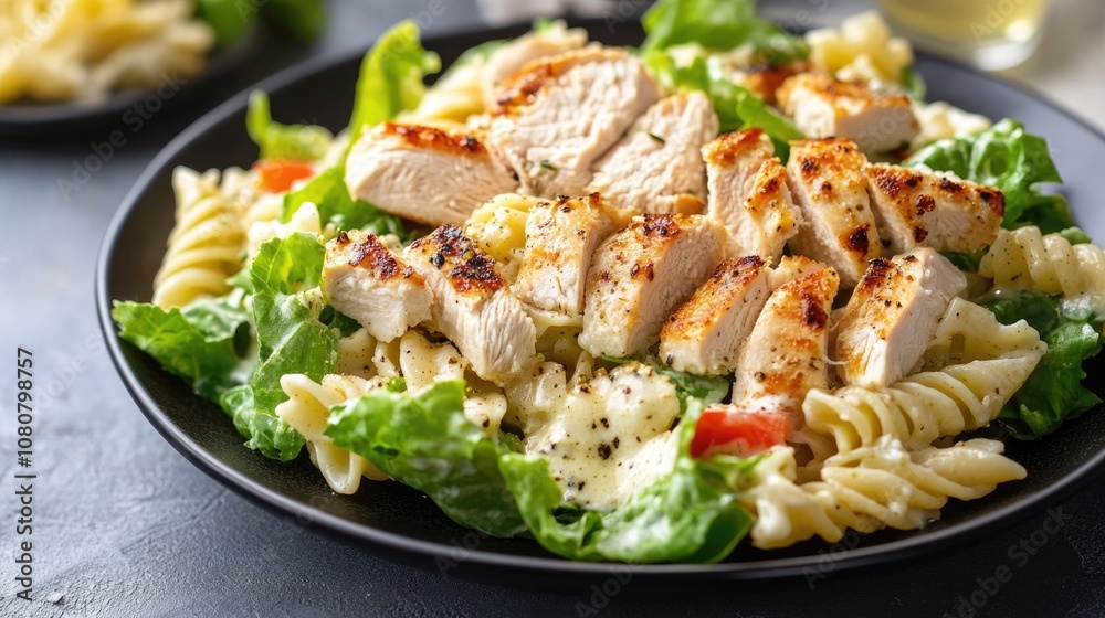 Light plate featuring chicken pasta salad topped with Caesar dressing a nutritious option for healthy dining Light plate featuring chicken pasta salad topped with Caesar dressing a nutritious option for healthy dining