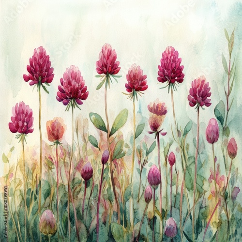 Hand-drawn Watercolor Illustration of Red and Pink Clover Flowers in a Natural Herbal Field