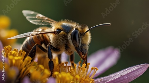 A close-up view of a honeybee on a purple flower.