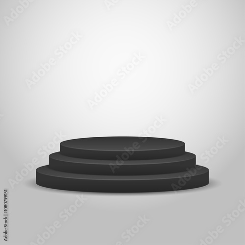 Black podium on light grey background. Pedestal with black stairs.