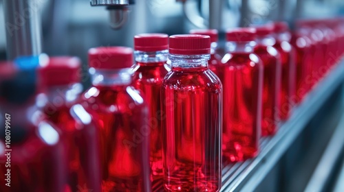 Close up view of red liquid bottles on an automated production line highlighting the contemporary glass production method