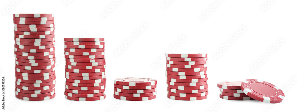 Fototapeta premium Set of red poker chips on white background