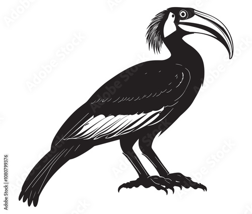 Hornbill bird isolated on white background, Silhouette of a hornbill animal bird vector