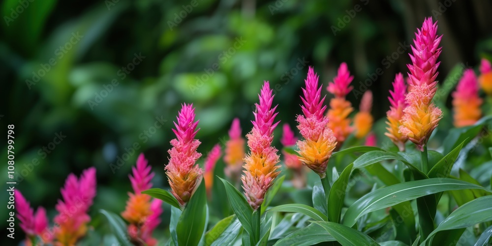 Vibrant pink and orange flowers in lush greenery, showcasing tropical beauty and floral diversity Vibrant pink and orange flowers in lush greenery, showcasing tropical beauty and floral diversity