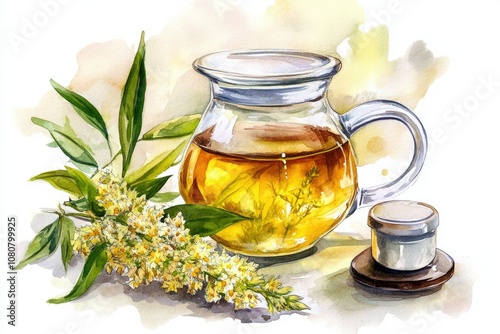 Naturally Healing Herbal Tea with Meadowsweet Botanical Ingredients in Watercolor Illustration