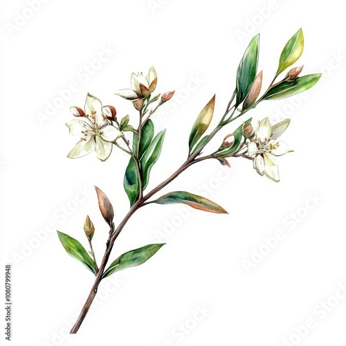 Organic Bog Myrtle Essential Oil. Hand-painted Watercolor Illustration of Medicinal Plant.