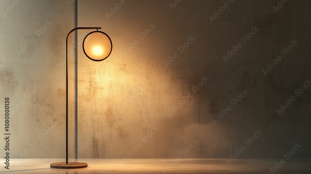 Modern Floor Lamp with Round Shade Illuminating a Textured Wall Modern Floor Lamp with Round Shade Illuminating a Textured Wall
