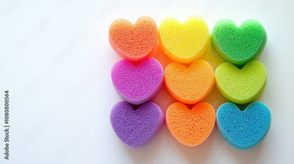 Bright makeup sponges in rainbow colors displayed in a flat lay on a white surface Bright makeup sponges in rainbow colors displayed in a flat lay on a white surface