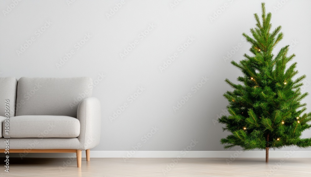 Cozy living room with a decorated Christmas tree and a comfortable couch in winter Cozy living room with a decorated Christmas tree and a comfortable couch in winter