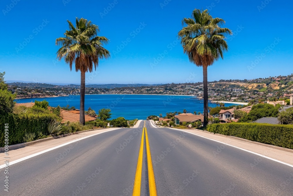 Fototapeta premium A coastal road with palm trees, bright sunlight, and ocean views, capturing a tropical vibe