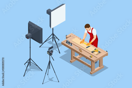 Isometric carpenter in a woodworking workshop, showing that he is recording a video blog and capturing every woodworking lesson on camera. Carpentry Workshop.