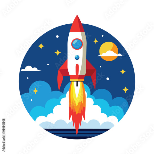 A futuristic vector logo featuring a rocket ship blasting off into space