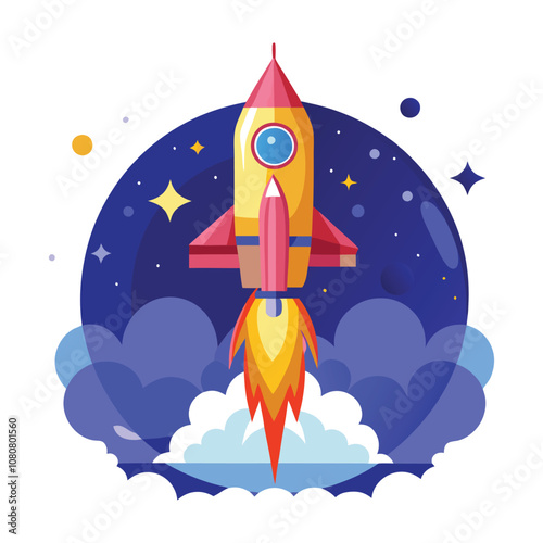 A futuristic vector logo featuring a rocket ship blasting off into space