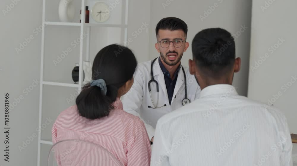 Male doctor advise couple about planning to have children, Couple having consultation with a doctor and talking to each other at medical clinic. Indian man doctor appointment with indian family Male doctor advise couple about planning to have children, Couple having consultation with a doctor and talking to each other at medical clinic. Indian man doctor appointment with indian family