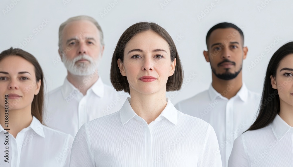A diverse group of five professionals stands together, showcasing unity and confidence A diverse group of five professionals stands together, showcasing unity and confidence