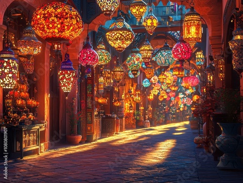 Explore the enchanting turkish bazaar with vibrant lamps and lanterns casting magical light