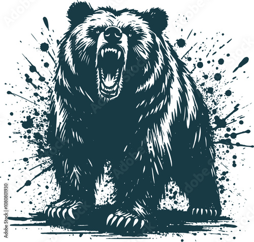 A menacing grunge style illustration of a roaring bear set against a splattered background