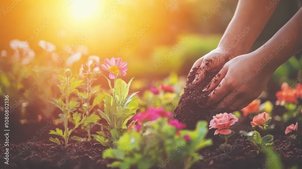 Fototapeta premium Spreading Mulch in a Colorful Flower Bed