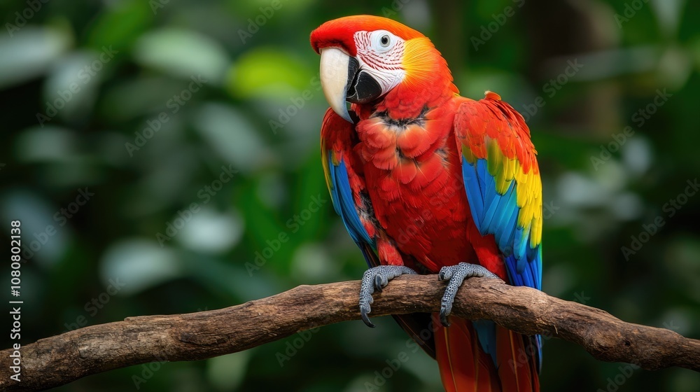 Vibrant scarlet macaw parrot showcasing stunning red and blue feathers gracefully perched on a branch in its natural habitat Vibrant scarlet macaw parrot showcasing stunning red and blue feathers gracefully perched on a branch in its natural habitat