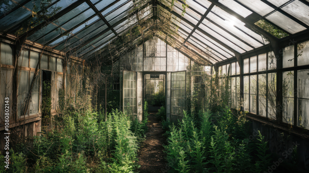 Abandoned greenhouse overgrown with lush ferns, bathed in soft sunlight, showcasing nature's reclamation of human space. Abandoned greenhouse overgrown with lush ferns, bathed in soft sunlight, showcasing nature's reclamation of human space.