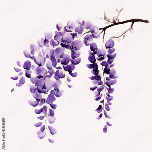 Watercolor Wisteria Blossom on a Branch in Full Bloom, Spring Garden Floral Illustration