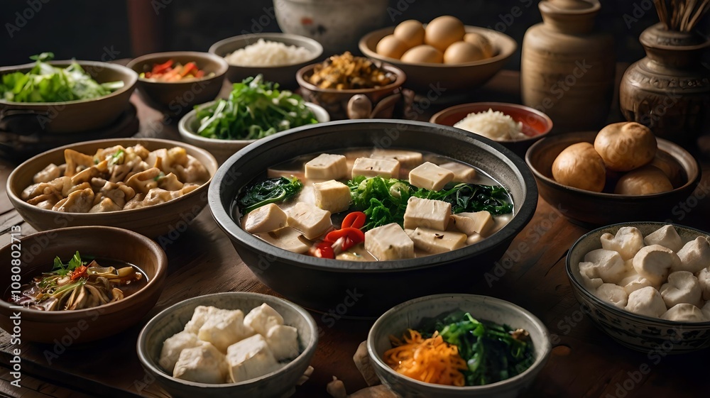 A traditional Chinese hot pot with an assortment of vegetables and mushrooms, A traditional Chinese hot pot with an assortment of vegetables and mushrooms,