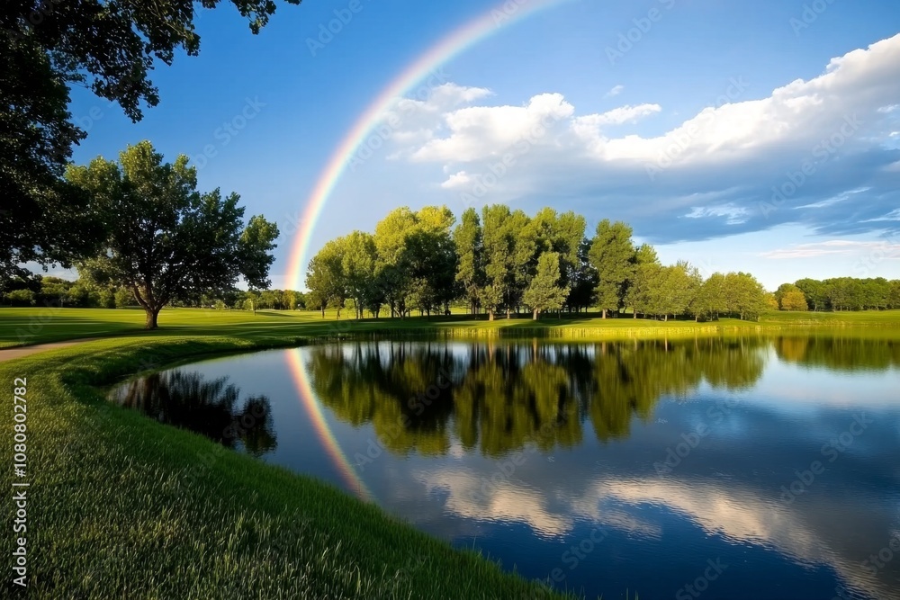 A full rainbow over a calm lake, with reflections creating a double rainbow effect on the water’s surface A full rainbow over a calm lake, with reflections creating a double rainbow effect on the water’s surface