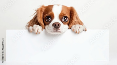 Adorable Dog hiding behind a blank white sign creating space for custom text photo