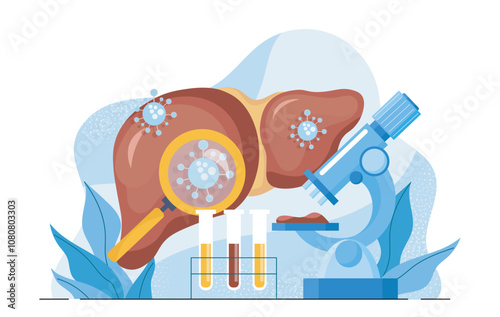 Hepatitis research concept. Magnifying glass and microscope near infected human liver. Scientific research in laboratory. Flat vector illustration isolated on white background