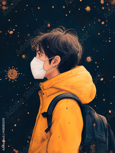 Illustrated Profile of Person in Mask Amid Floating Particles