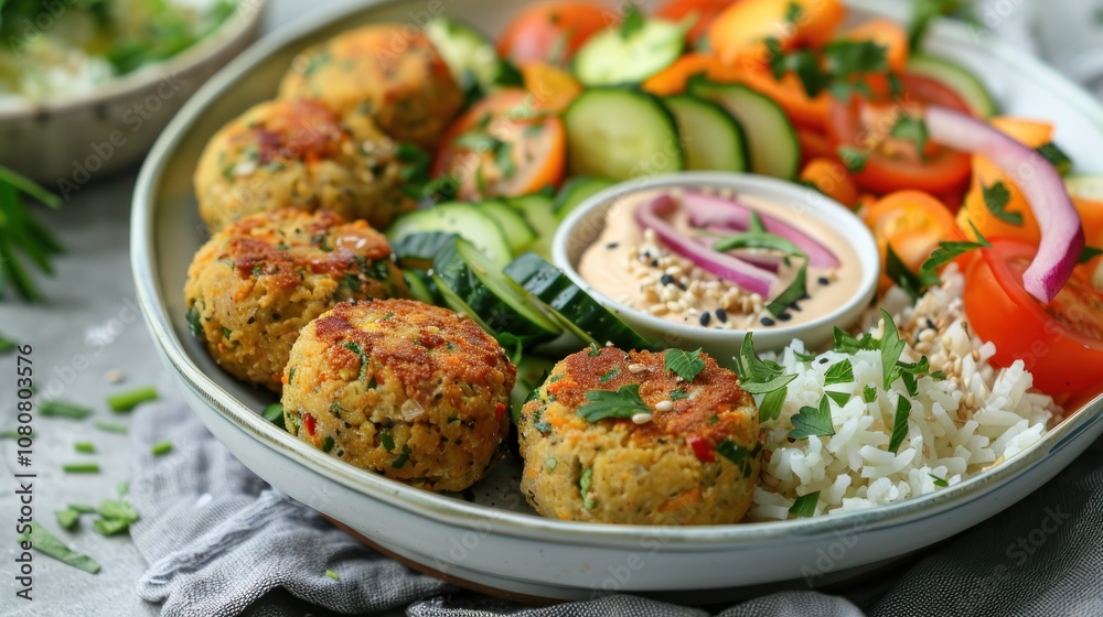 A bowl with white rice, falafel, cucumber, tomatoes, red onion and a creamy sauce. A bowl with white rice, falafel, cucumber, tomatoes, red onion and a creamy sauce.