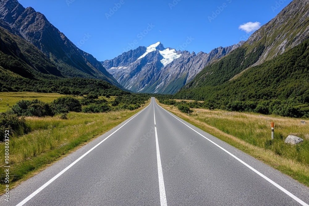 Fototapeta premium A long, empty road stretching into the horizon with mountains in the background, under a clear blue sky
