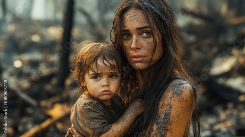 Mother and child after wildfire.