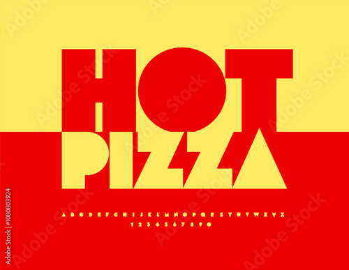 Vector advertising flyer Hot Pizza. Modern Unique Font. Yellow Big Alphabet Letters and Numbers set