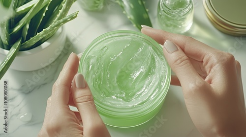 Hands applying aloe vera gel on a visible burn, with the open jar and aloe plant in the background, representing natural skincare.