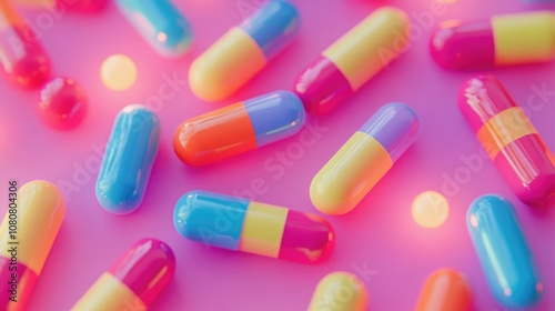 Vibrant neon pills against a pink backdrop