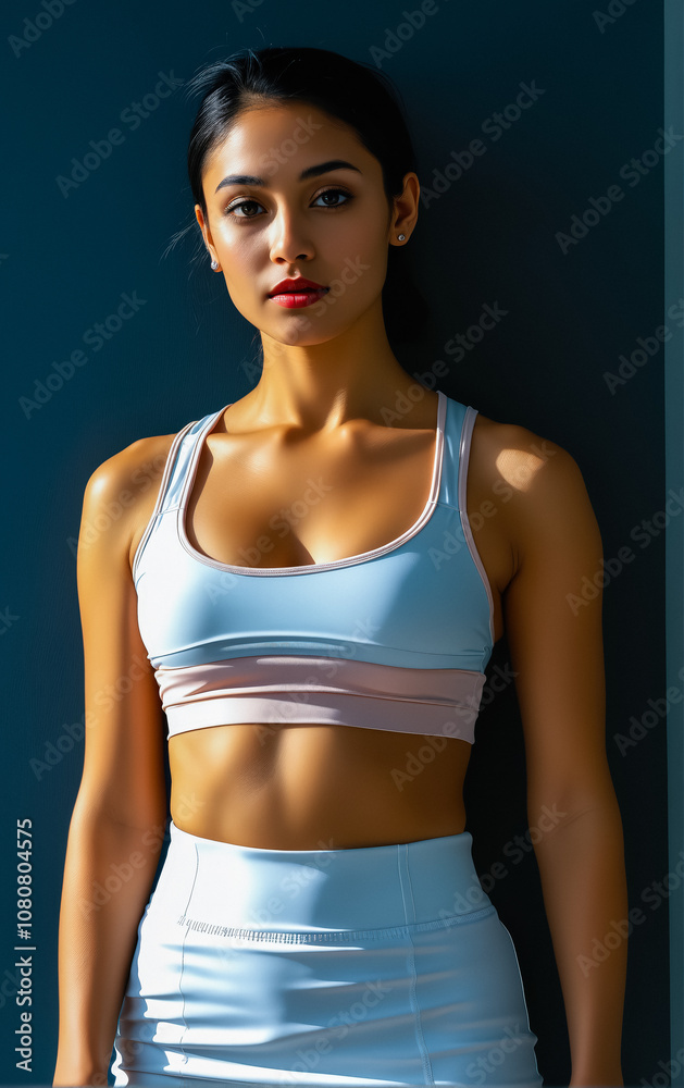 Young slim woman dressed in sports underwear, wearing a light sports bra and matching high-waisted panties. Sports and health, fitness and body beauty. Young slim woman dressed in sports underwear, wearing a light sports bra and matching high-waisted panties. Sports and health, fitness and body beauty.