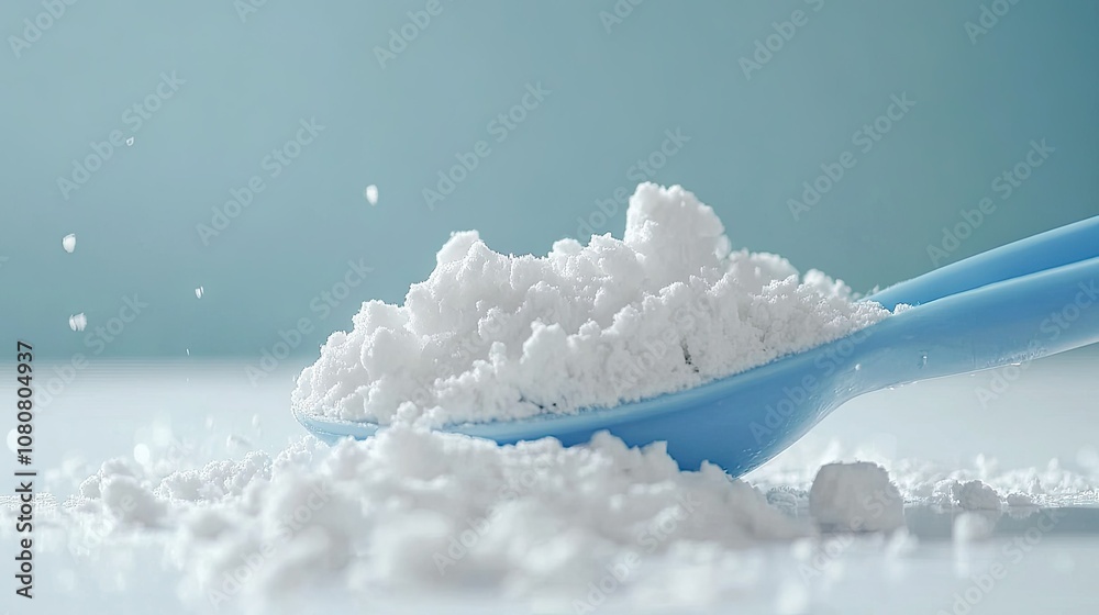 Close-up of detergent powder spilling from a measuring scoop, creating a small pile on a white surface Close-up of detergent powder spilling from a measuring scoop, creating a small pile on a white surface