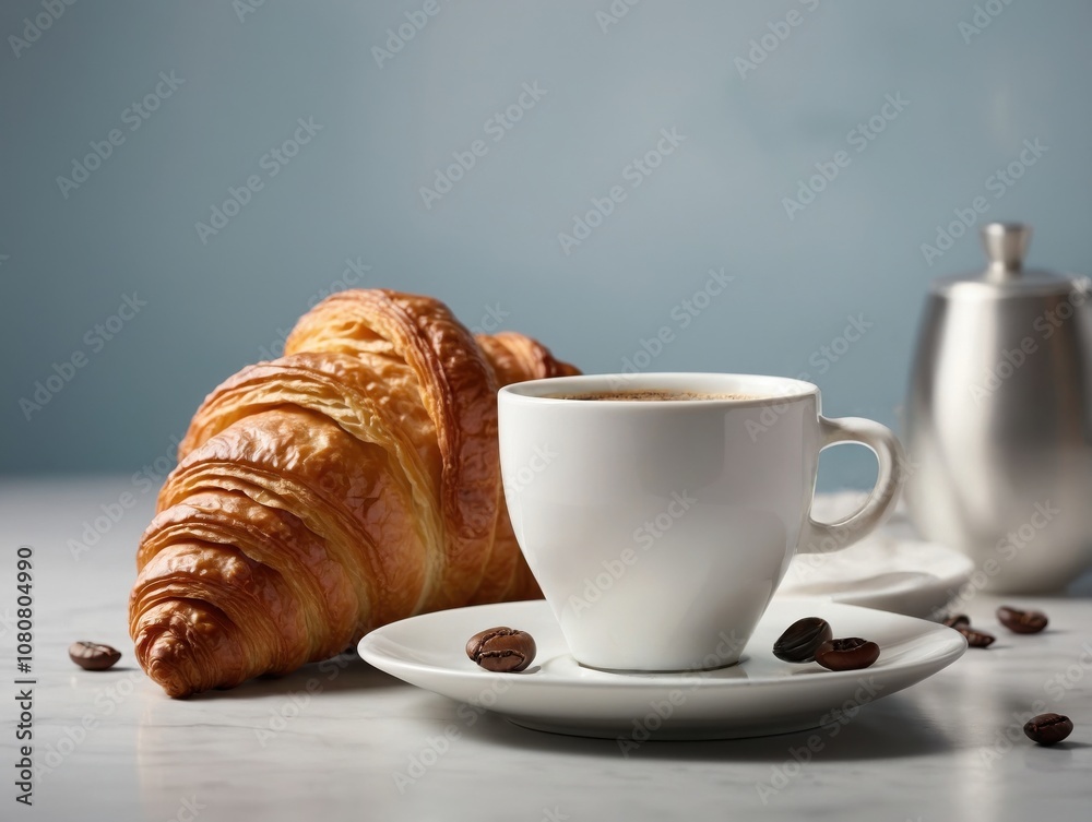 A beautifully crisp croissant sitting beside a small, minimalist white coffee cup on a matte, light-colored surface. A beautifully crisp croissant sitting beside a small, minimalist white coffee cup on a matte, light-colored surface.