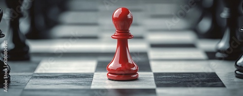 Red pawn standing out from the crowd on chessboard photo