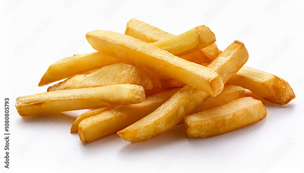 Falling french fries, potato fry isolated on white background, clipping path, full depth of field Falling french fries, potato fry isolated on white background, clipping path, full depth of field